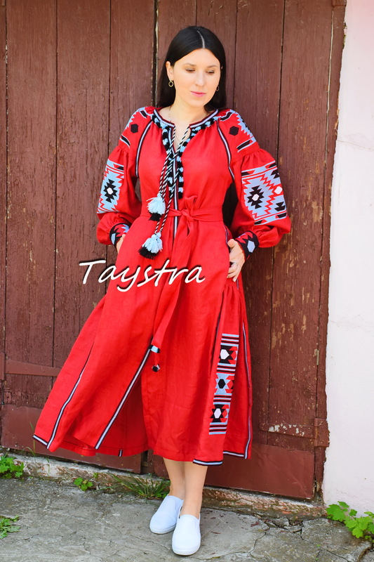 Vyshyvanka Red Dress Ukrainian embroidery, Boho ethno style boho chic, Embroidered dress Linen