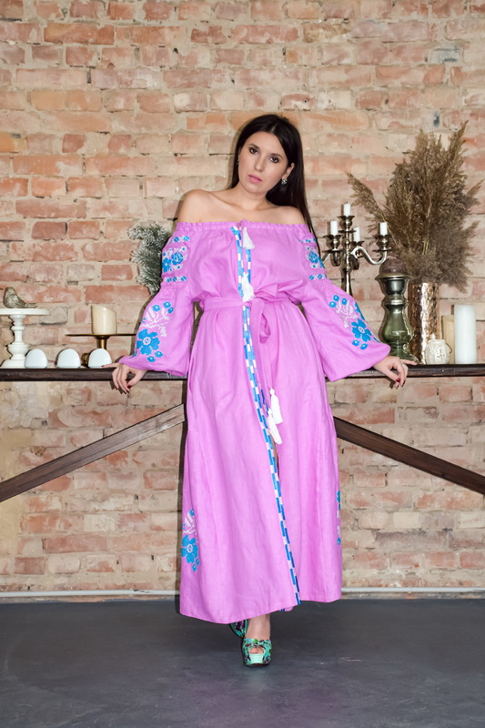 Dress Vyshyvanka Linen Multi Color Embroidery, Ukrainian embroidery, Pink  Robe Dress