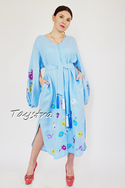 Dress Embroidered Vyshyvanka Blue Maxi Dress Linen, Dress Ukrainian