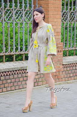 Dress Vyshyvanka Ukrainian embroidery, ethno style boho chic, Beige Mini Dress
