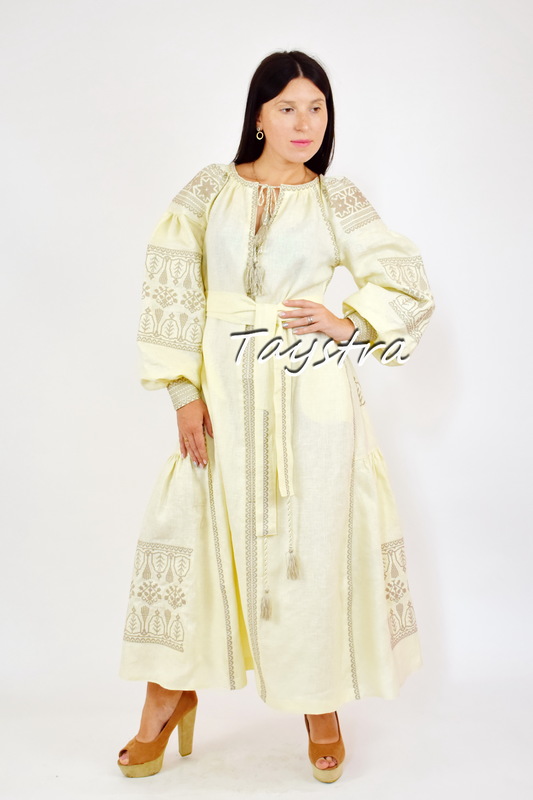 Dress Embroidered, Dress Boho Chic, Vyshyvanka Dress Embroidery Linen, Ukrainian Embroidered Dress Beige
