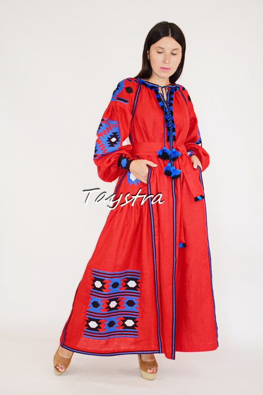 Red Dress Embroidered linen drees ethno style boho chic Vyshyvanka Dress Embroidered 