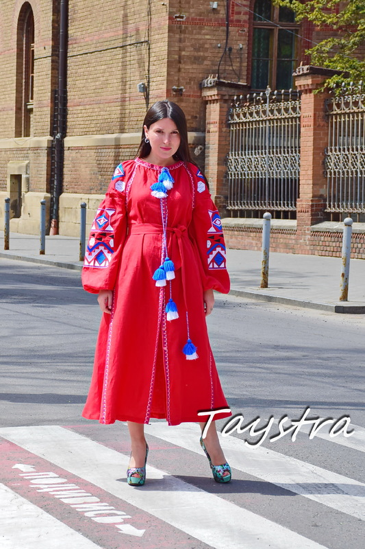 Midi Dress Embroidered, Boho Chic Red Linen Dress Vyshyvanka Ukrainian embroidery