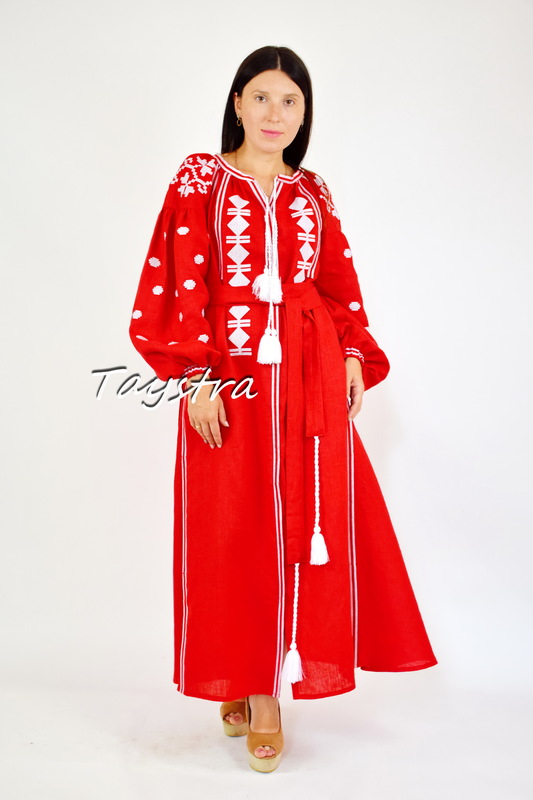 Vyshyvanka Red Dress Ukrainian embroidery, ethno style boho chic, Embroidered dress, Multi Color Embroidery Linen