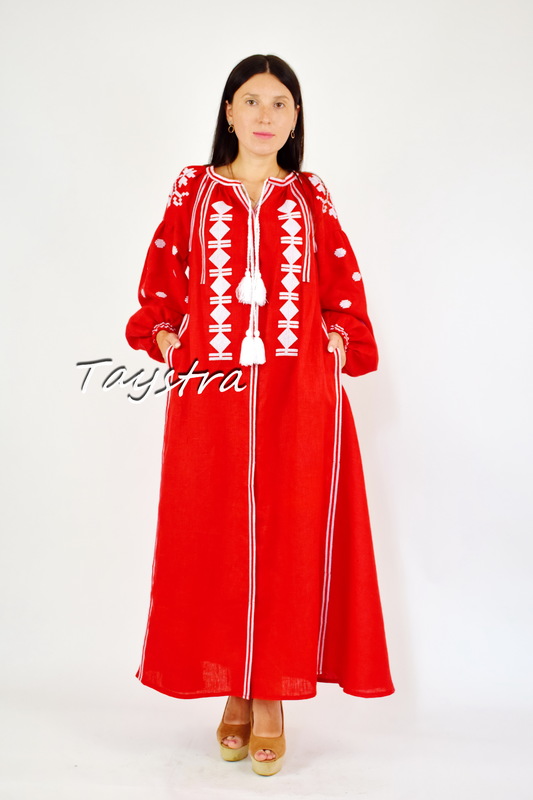 Vyshyvanka Red Dress Ukrainian embroidery, ethno style boho chic, Embroidered dress, Multi Color Embroidery Linen