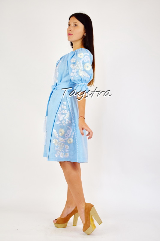 Embroidered Blue Dress Linen Vyshyvanka Dress Embroidery Linen, Ukrainian embroidery Sky-Blue Dress