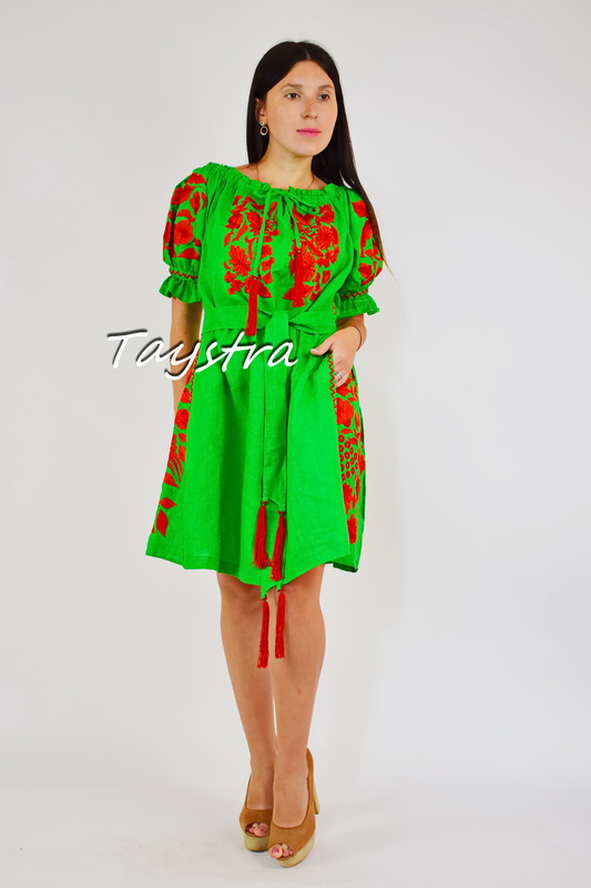 Embroidered Dress Linen Vyshyvanka Dress Embroidery Linen, Ukrainian embroidery Green Dress