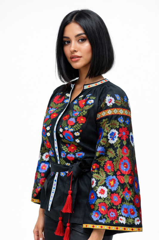 Blouse Black Vyshyvanka Linen Boho style, ethno Ukrainian embroidery, Embroidered clothes