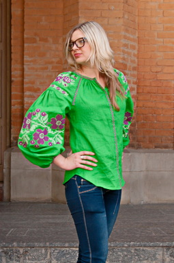 Vyshyvanka Ukrainian Embroidery, Boho, ethno, style boho chic, Embroidered Blouse, Green Blouse, Multi Color Embroidery Linen