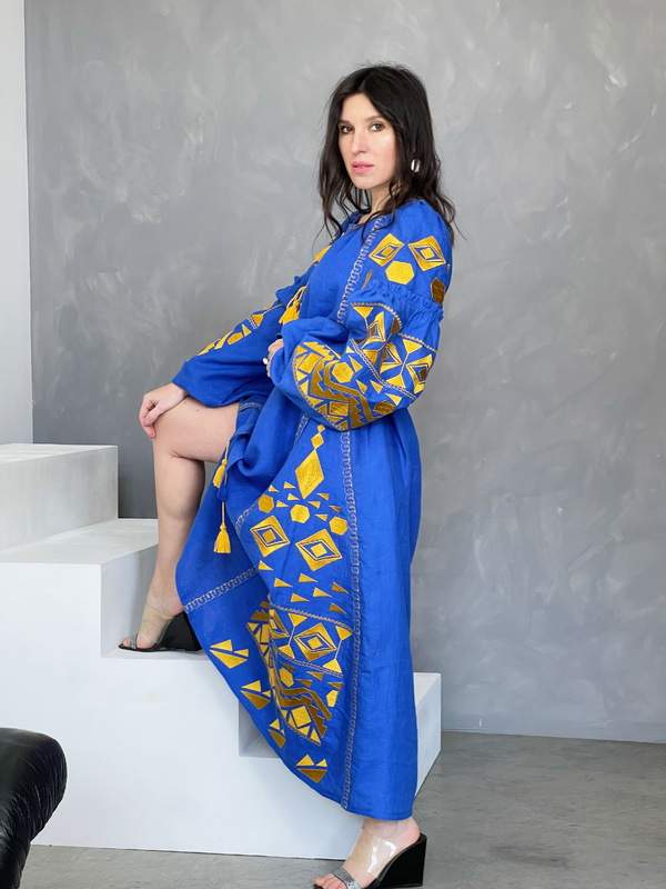 Dress Embroidered Vyshyvanka Blue Maxi Dress Multi Color Embroidery Linen Dress Ukrainian