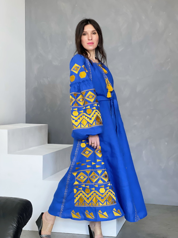 Dress Embroidered Vyshyvanka Blue Maxi Dress Multi Color Embroidery Linen Dress Ukrainian