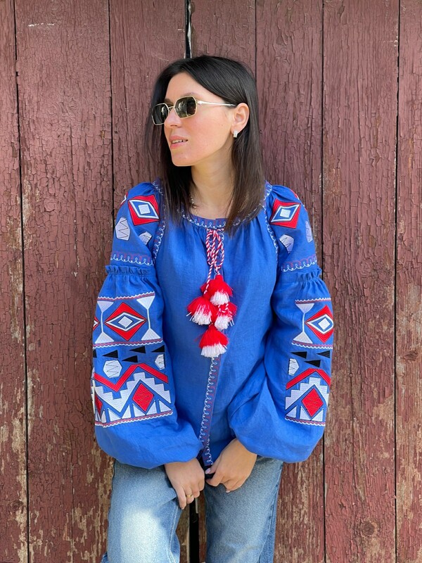 Vyshyvanka embroidered embroidery ethno style blouse, linen blue women's blouse