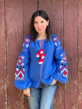 Vyshyvanka embroidered embroidery ethno style blouse, linen blue women's blouse