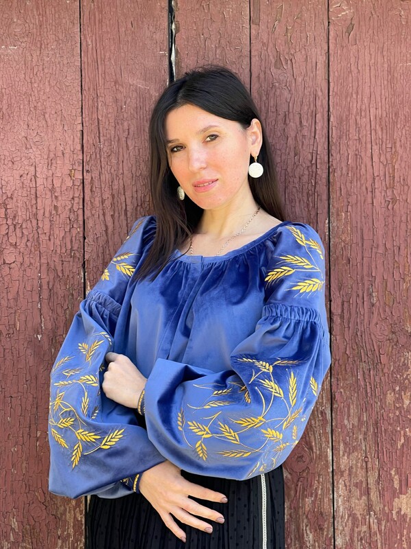 Velvet Blue blouse Silver Embroidery, ethno style boho chic, Bohemian Vyshyvanka