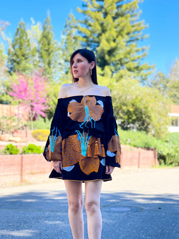 Linen Short Black Mini Dress Vyshyvanka Dress