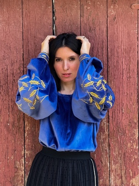 Velvet Blue blouse Silver Embroidery, ethno style boho chic, Bohemian Vyshyvanka