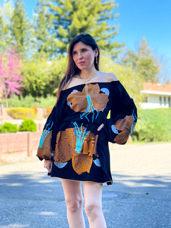 Linen Short Black Mini Dress Vyshyvanka Dress