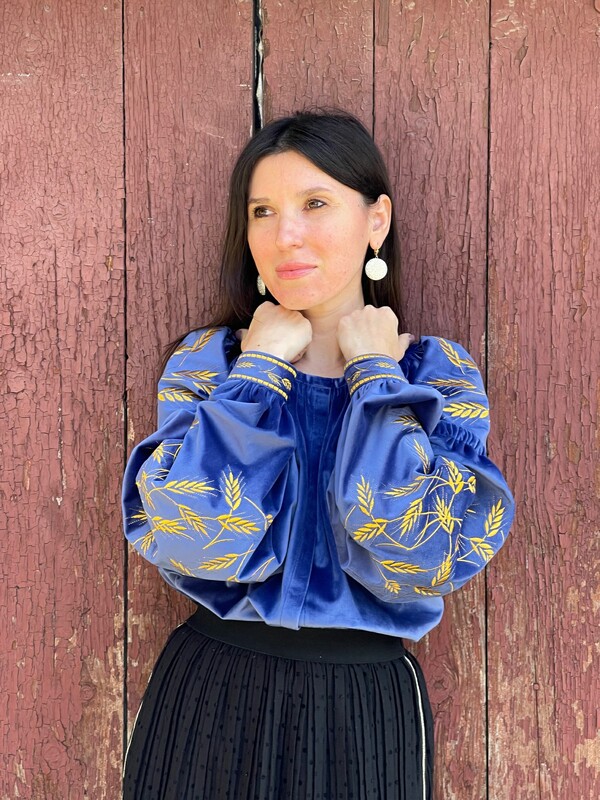 Velvet Blue blouse Silver Embroidery, ethno style boho chic, Bohemian Vyshyvanka