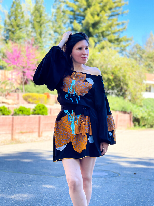 Linen Short Black Mini Dress Vyshyvanka Dress