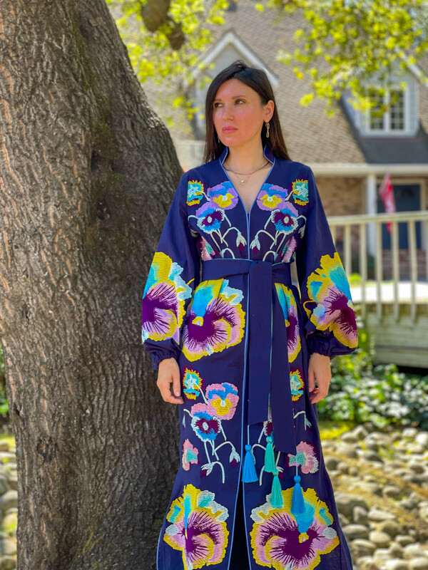 Stylish Dress Embroidered Vyshyvanka Dark Blue Dress Linen Ukrainian