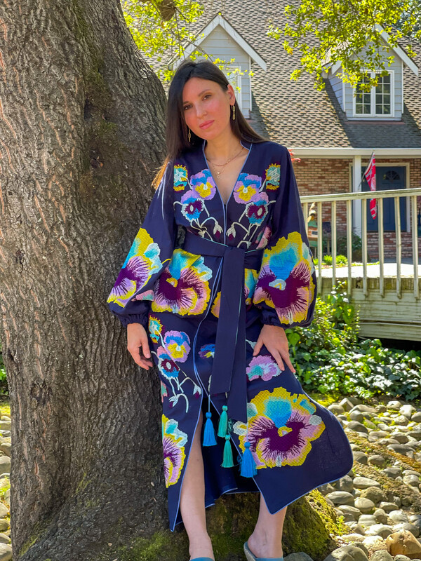 Stylish Dress Embroidered Vyshyvanka Dark Blue Dress Linen Ukrainian
