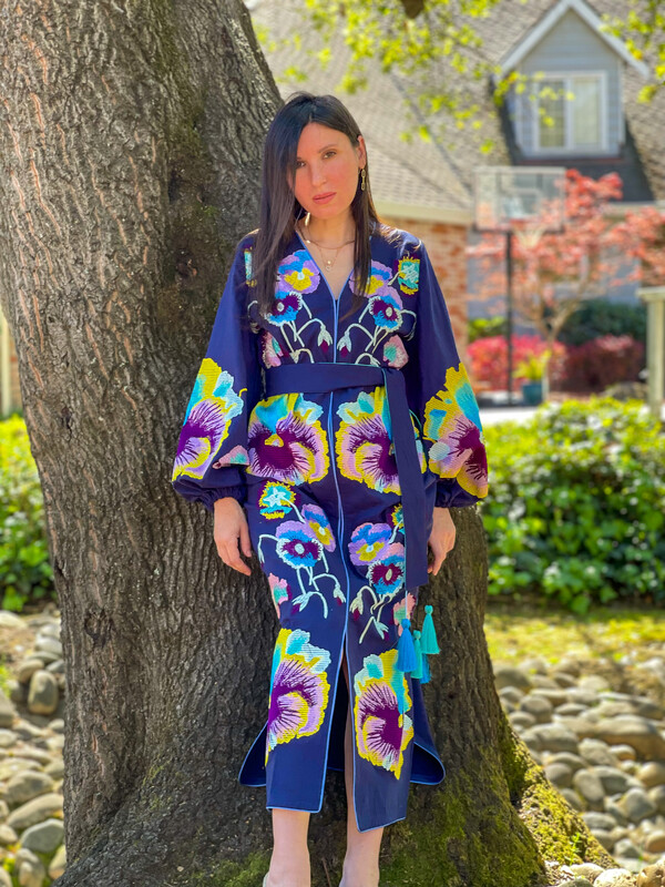 Stylish Dress Embroidered Vyshyvanka Dark Blue Dress Linen Ukrainian