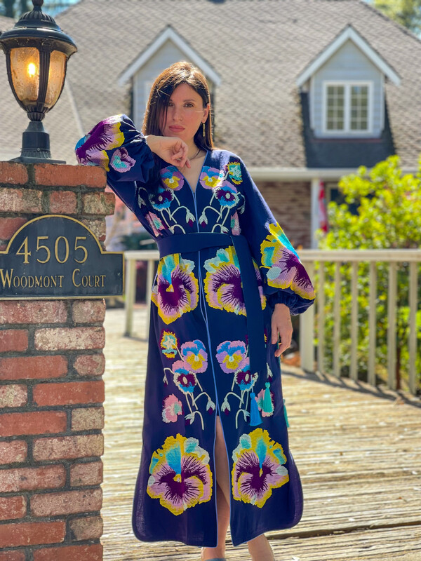 Stylish Dress Embroidered Vyshyvanka Dark Blue Dress Linen Ukrainian