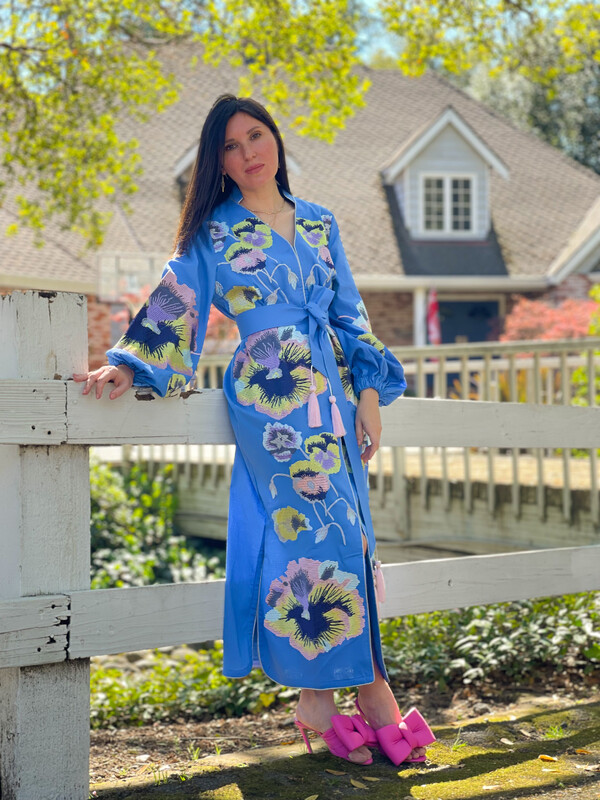 Stylish Dress Embroidered Vyshyvanka Blue Dress Linen Ukrainian