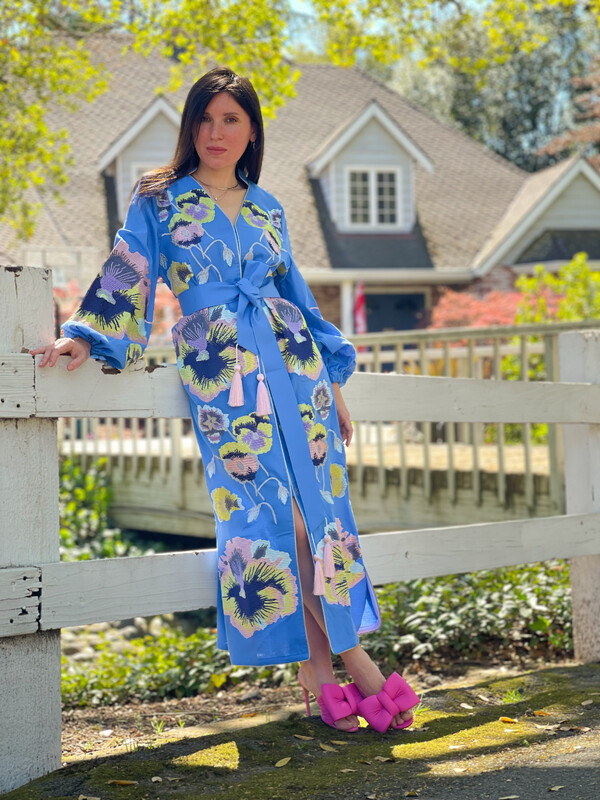 Stylish Dress Embroidered Vyshyvanka Blue Dress Linen Ukrainian