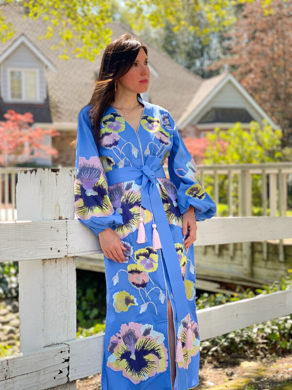Stylish Dress Embroidered Vyshyvanka Blue Dress Linen Ukrainian