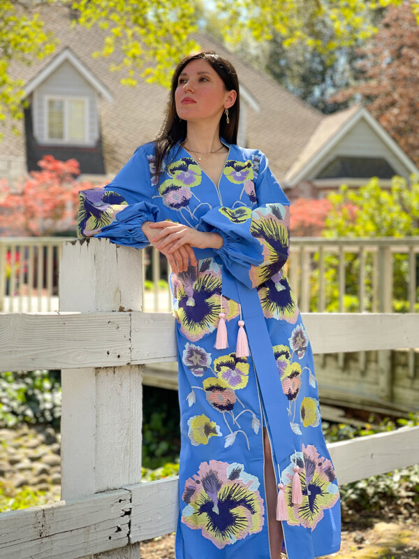 Stylish Dress Embroidered Vyshyvanka Blue Dress Linen Ukrainian