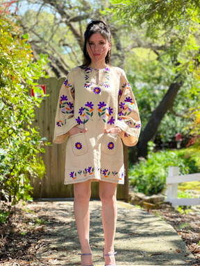 Embroidered Mini Dress Vyshyvanka Beige Dress Tunic Ukrainian embroidery, ethno style boho chic