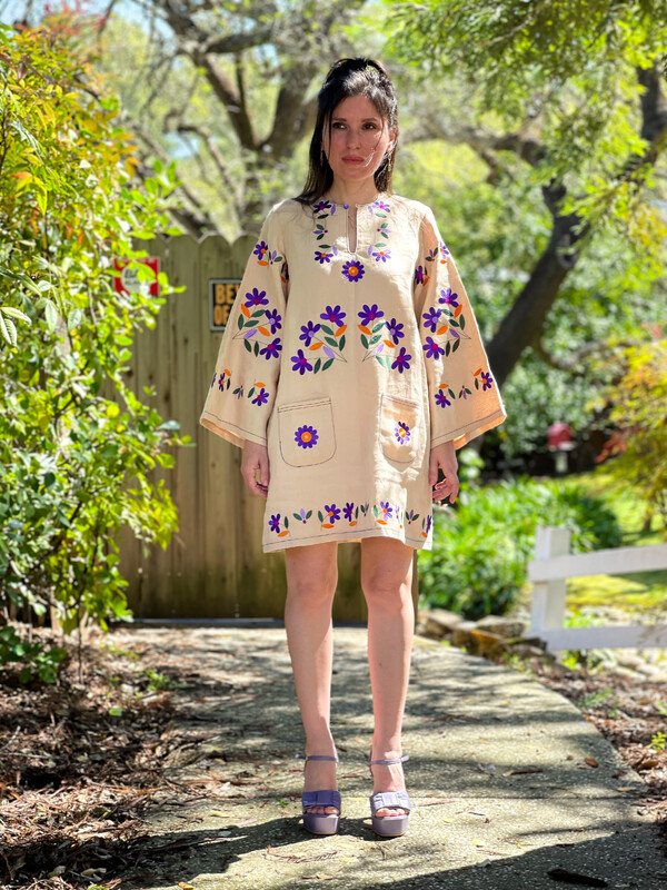 Embroidered Mini Dress Vyshyvanka Beige Dress Tunic Ukrainian embroidery, ethno style boho chic