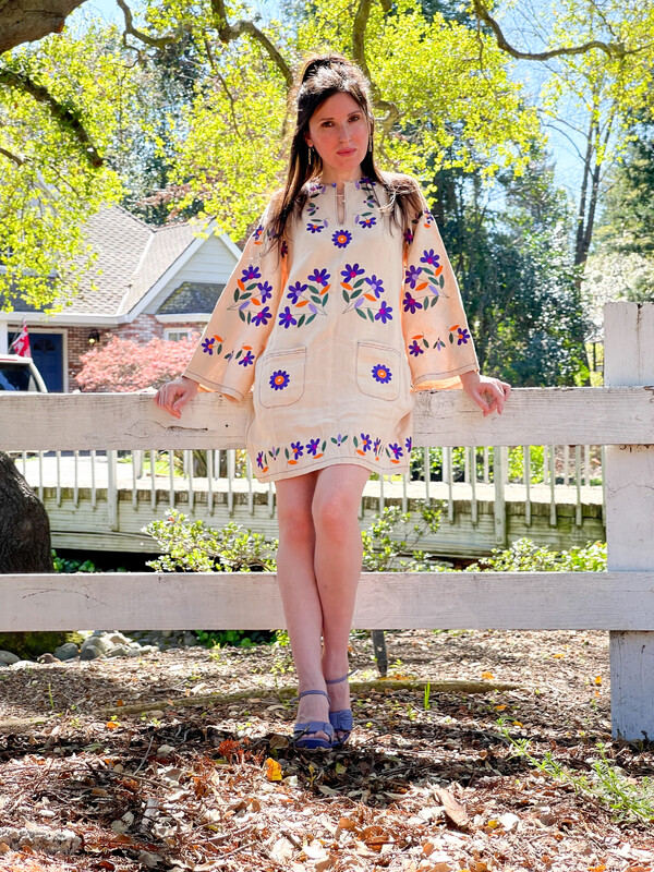Embroidered Mini Dress Vyshyvanka Beige Dress Tunic Ukrainian embroidery, ethno style boho chic
