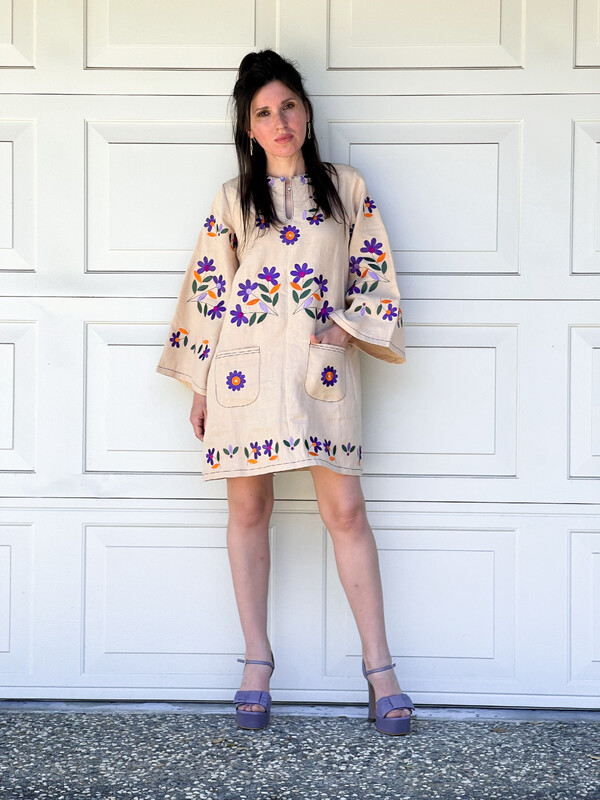Embroidered Mini Dress Vyshyvanka Beige Dress Tunic Ukrainian embroidery, ethno style boho chic