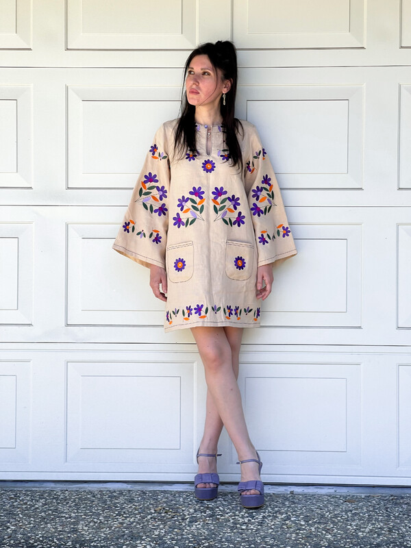 Embroidered Mini Dress Vyshyvanka Beige Dress Tunic Ukrainian embroidery, ethno style boho chic