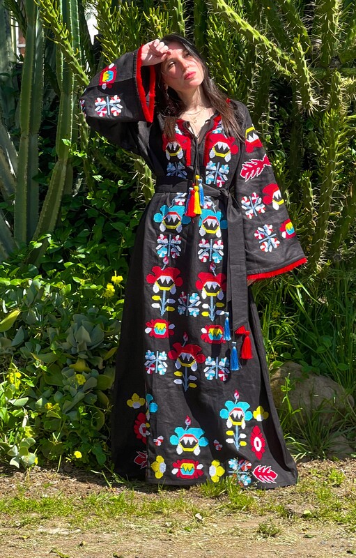 Black Maxi Dress Linen embroidery Dress Embroidered Vyshyvanka