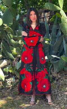 Black Stylish Dress Embroidered Vyshyvanka Dark Blue Dress Linen Ukrainian
