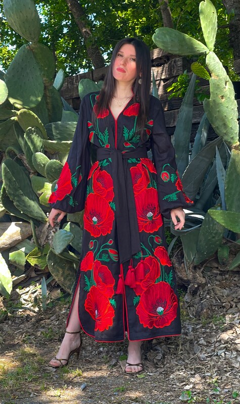 Black Stylish Dress Embroidered Vyshyvanka Dark Blue Dress Linen Ukrainian