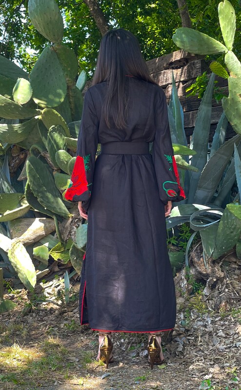 Black Stylish Dress Embroidered Vyshyvanka Dark Blue Dress Linen Ukrainian