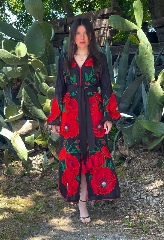 Black Stylish Dress Embroidered Vyshyvanka Dark Blue Dress Linen Ukrainian