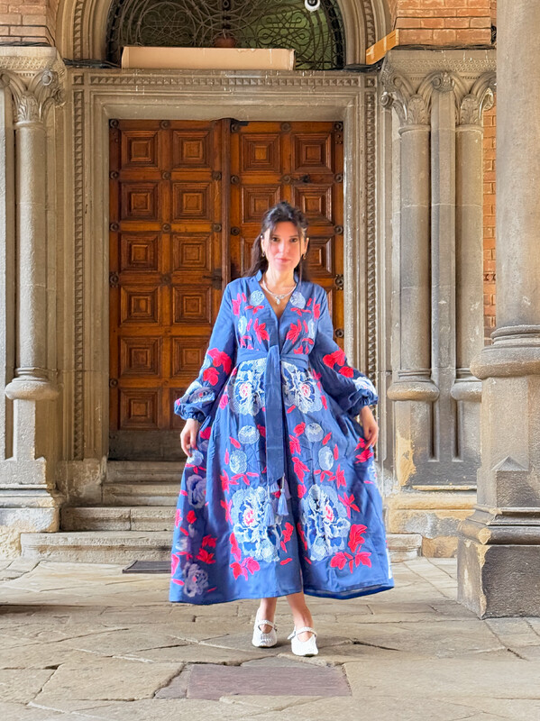 Stylish Maxi Dress Embroidered Vyshyvanka Blue Dress Linen Ukrainian