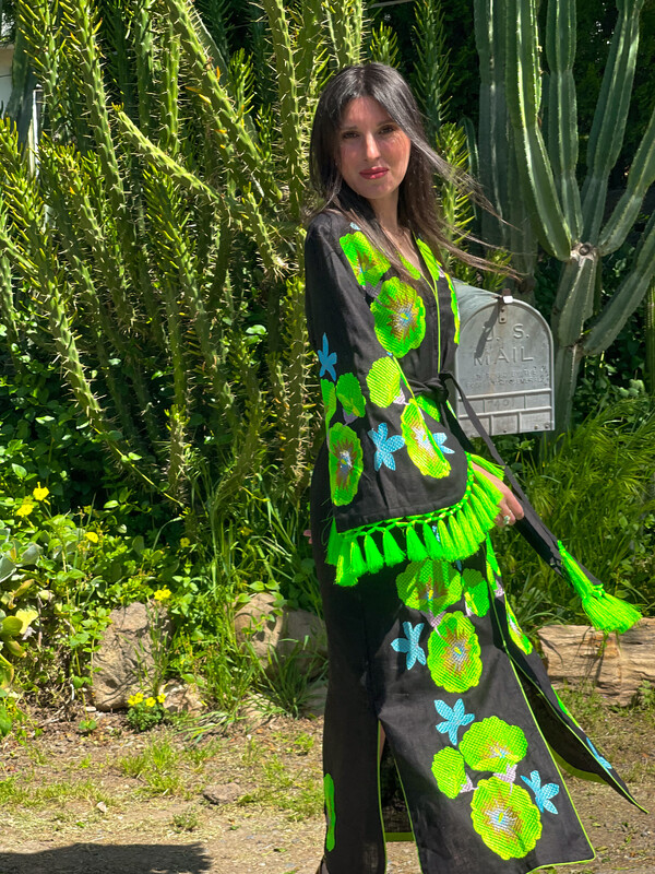 Evening Stylish Black Dress Multi Color Embroidery Linen Dress Ukrainian embroidery Dress Embroidered Vyshyvanka