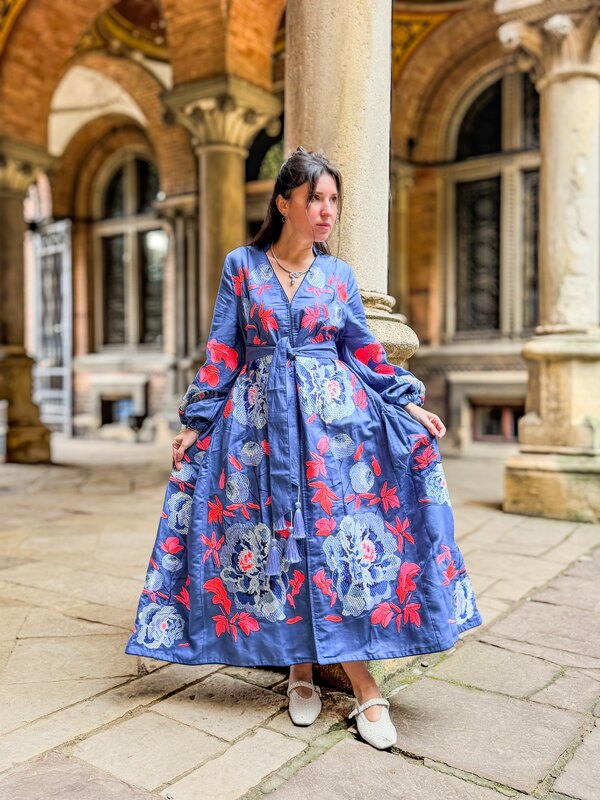 Stylish Maxi Dress Embroidered Vyshyvanka Blue Dress Linen Ukrainian