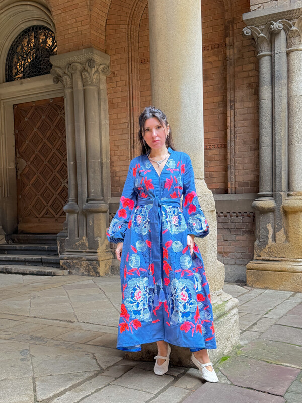 Stylish Maxi Dress Embroidered Vyshyvanka Blue Dress Linen Ukrainian
