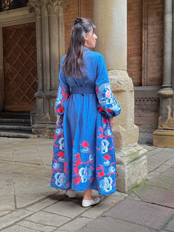 Stylish Maxi Dress Embroidered Vyshyvanka Blue Dress Linen Ukrainian