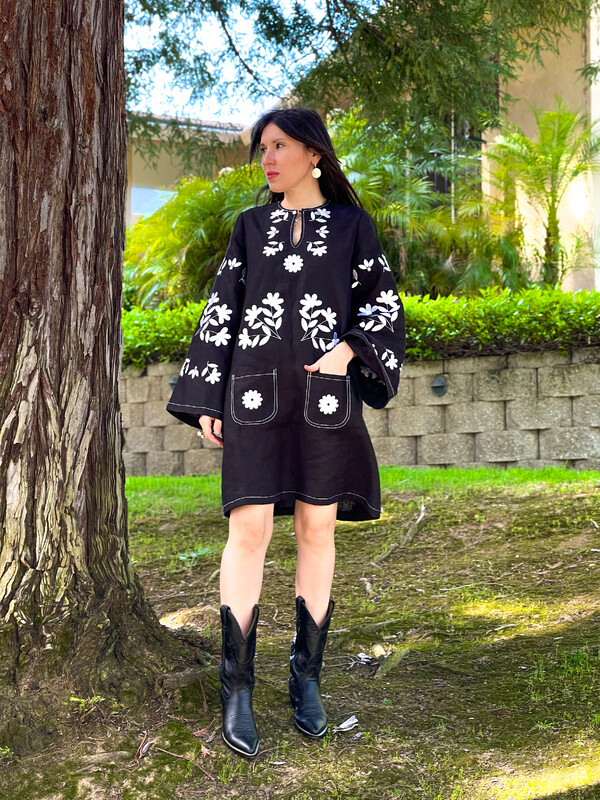 Linen Short Black Mini Dress Vyshyvanka Dress Stylish dress with pockets