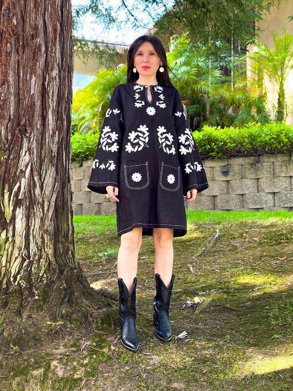 Linen Short Black Mini Dress Vyshyvanka Dress Stylish dress with pockets