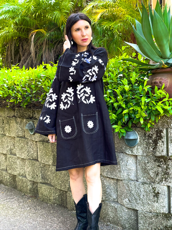 Linen Short Black Mini Dress Vyshyvanka Dress Stylish dress with pockets