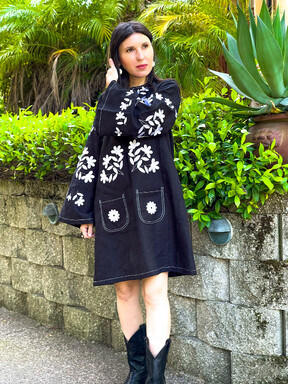 Linen Short Black Mini Dress Vyshyvanka Dress Stylish dress with pockets